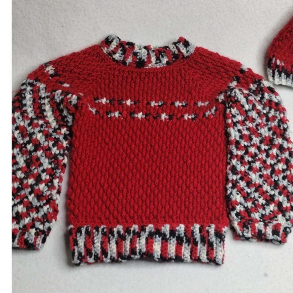 Handmade Knit‎ Sweater & Hat Set Red Multicolor Toddler Size 4T–5T Winter